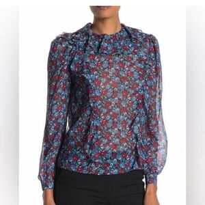 NWT Robert Rodriguez Juliette Floral Print Ruffled Sheer Top 2 Gardenia Blue Red
